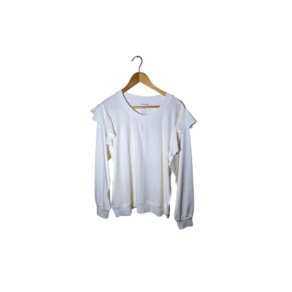 The Drop Ruffle Shoulder Sweatshirt Womens Large White New Cotton Blend Crewneck
